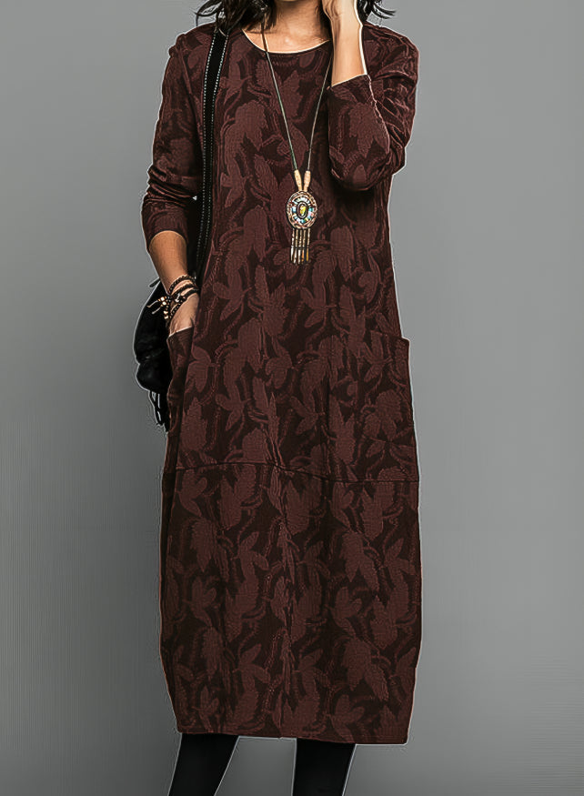 Women's Floral Crew Neck Midi Dress | with Long Sleeves