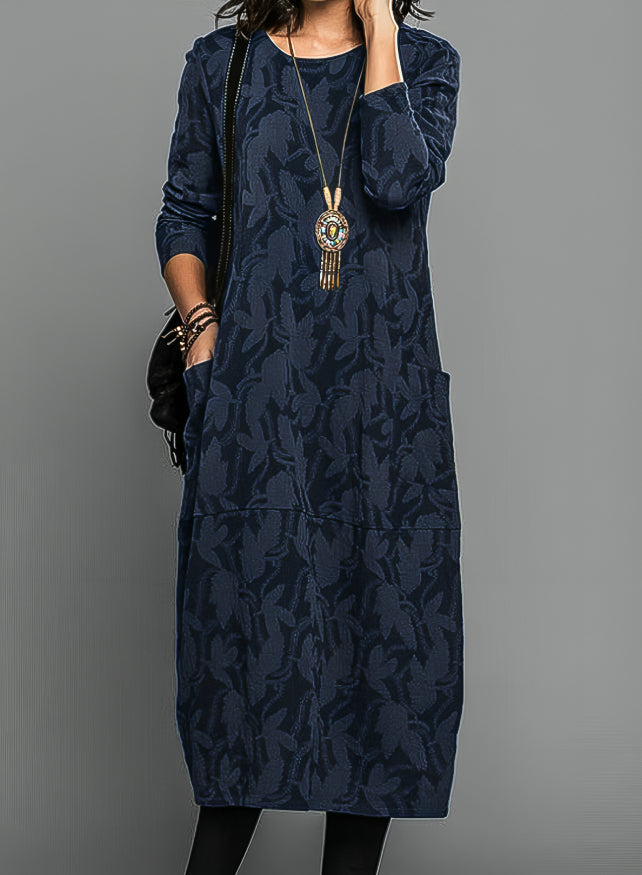 Women's Floral Crew Neck Midi Dress | with Long Sleeves