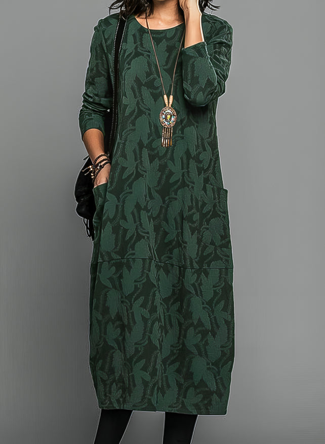 Women's Floral Crew Neck Midi Dress | with Long Sleeves