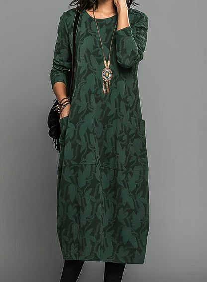 Women's Floral Crew Neck Midi Dress | with Long Sleeves