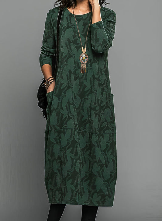 Women's Floral Crew Neck Midi Dress | with Long Sleeves
