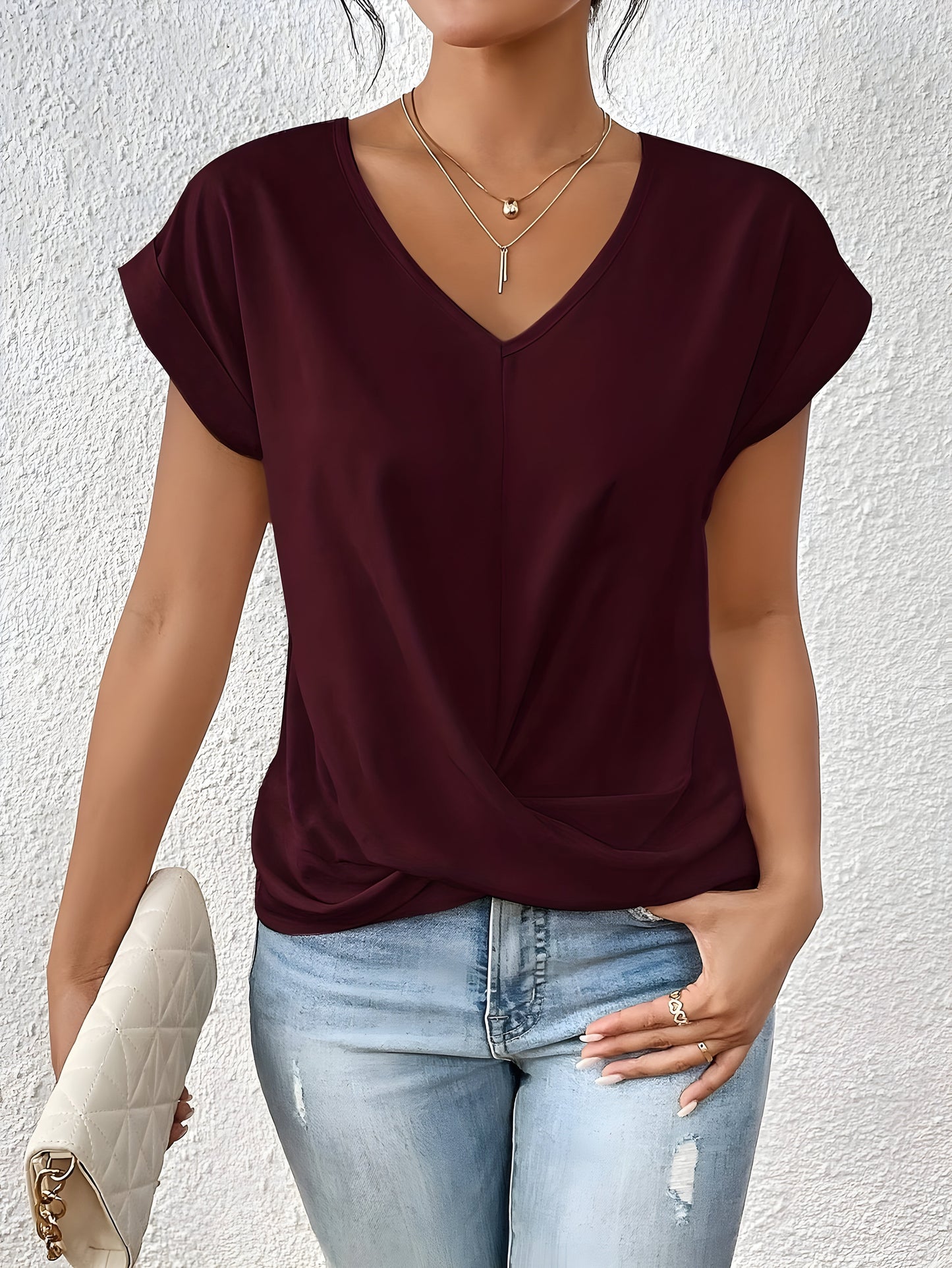 T-shirt uni col en V femme | Manches courtes