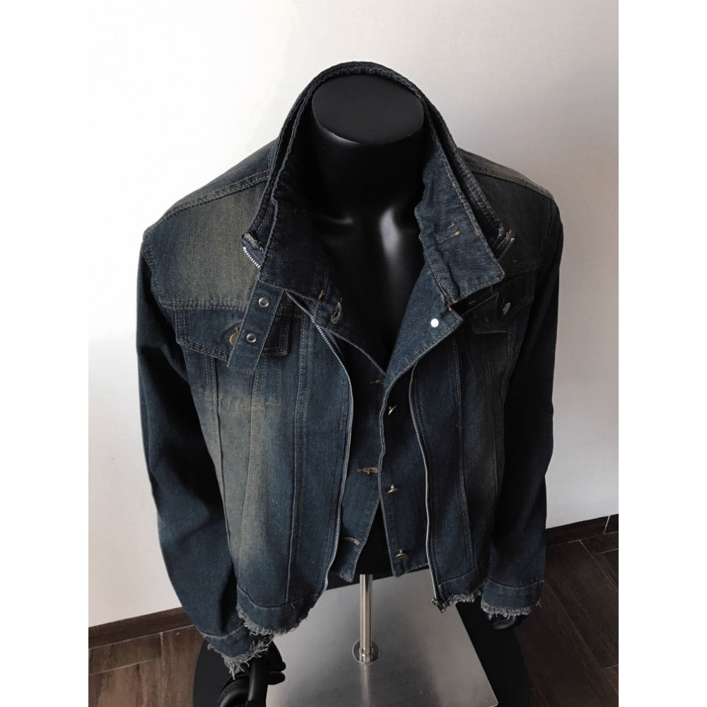 Veste en jean bleu foncé à ourlet effiloché pour femmes et hommes - Diana
