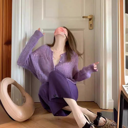 Cardigan tricoté violet à manches longues pour femmes - Gelsomina