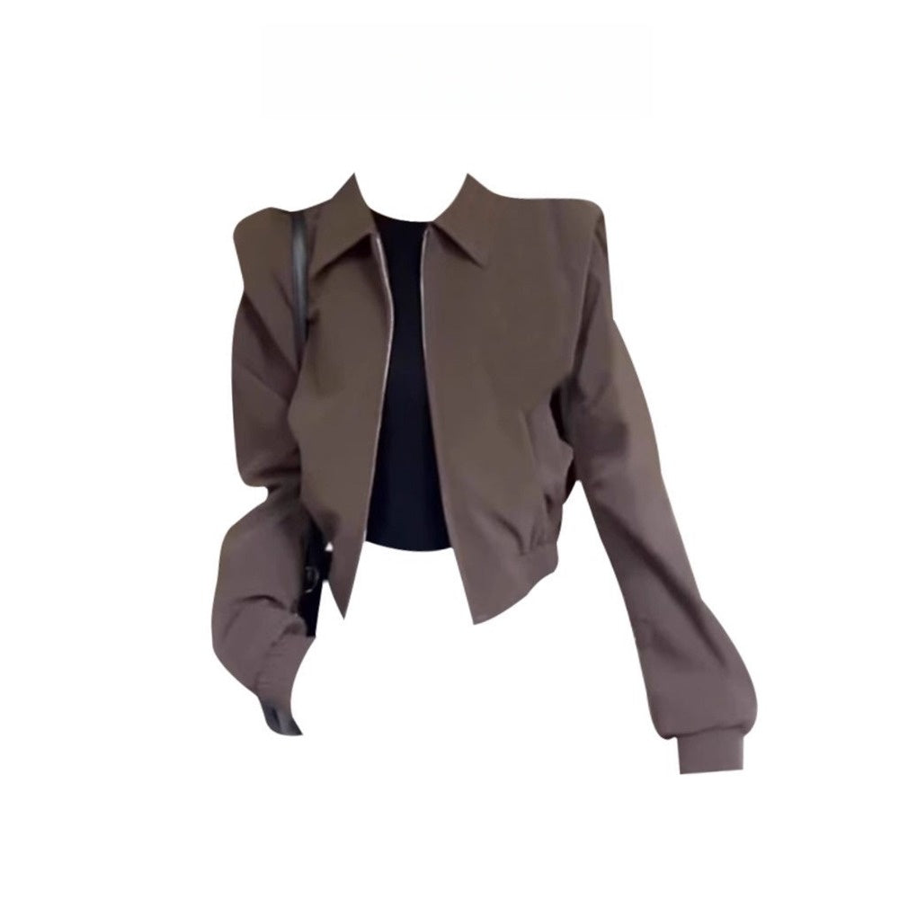 Veste courte marron zippée à manches longues pour femmes - Ester