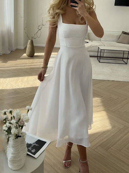 Women's Sleeveless Midi Dress | Square Neck A-Line
