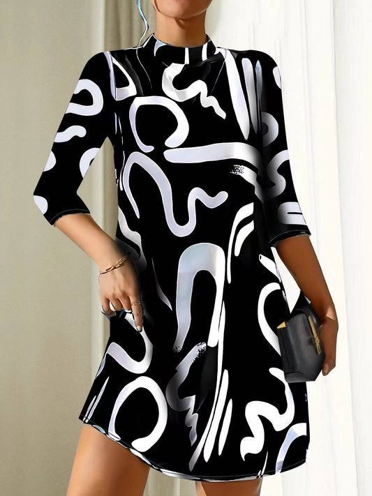 Robe décontractée à col montant et manches 3/4 pour femmes | Coupe ample