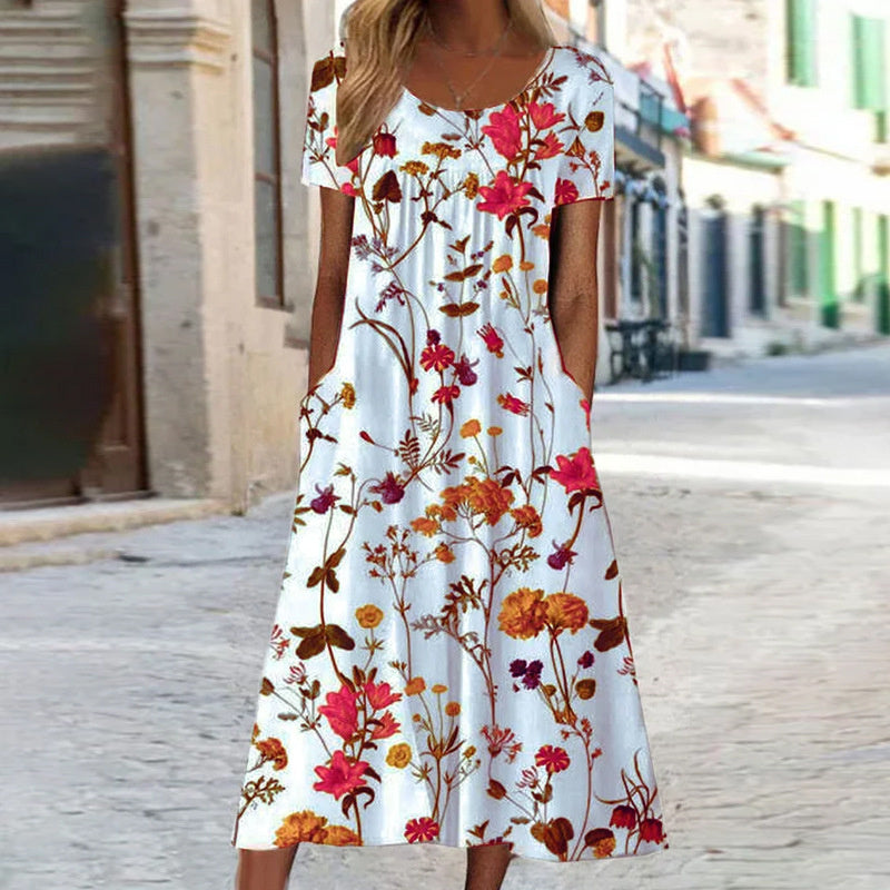 Robe d'été midi à motif floral avec poches pour femmes