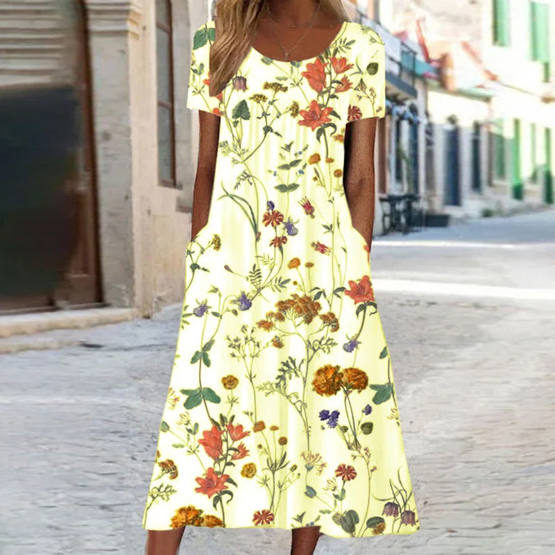 Robe d'été midi à motif floral avec poches pour femmes