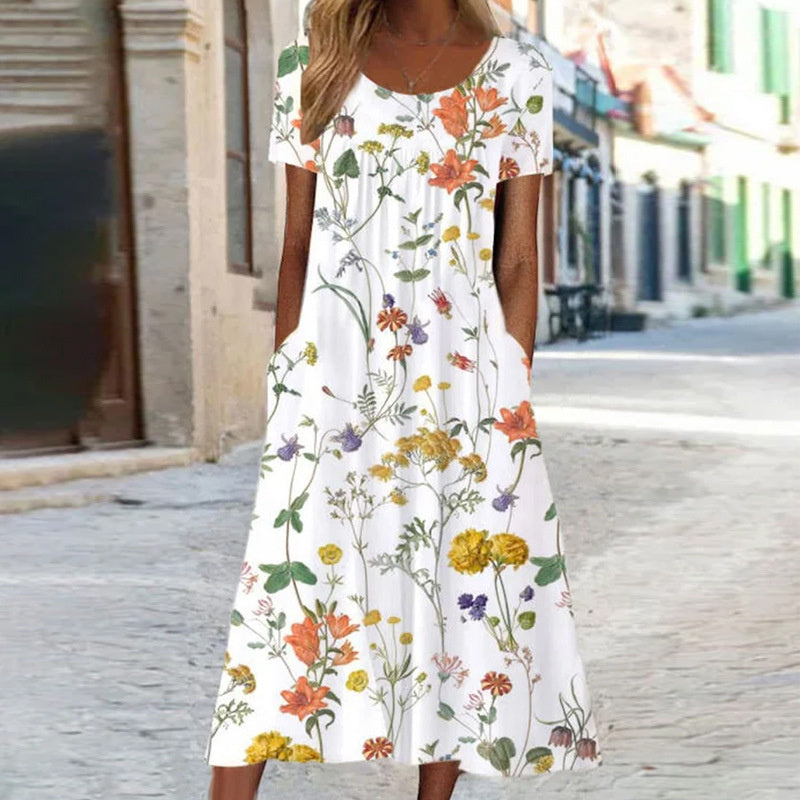Robe d'été midi à motif floral avec poches pour femmes