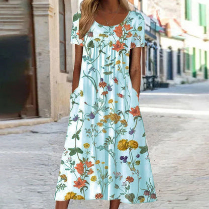 Robe d'été midi à motif floral avec poches pour femmes
