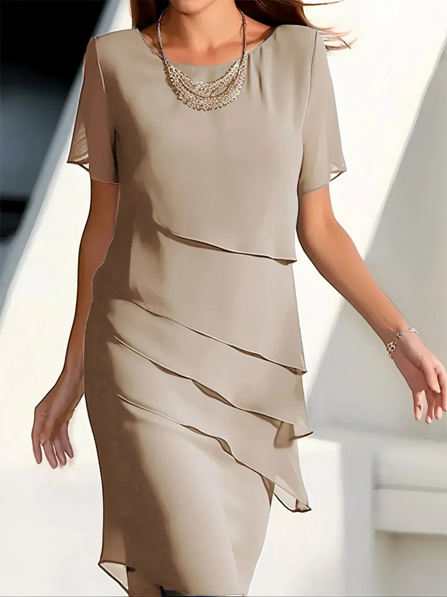 Women's Layered Cocktail Dress with Short Sleeves | Midi