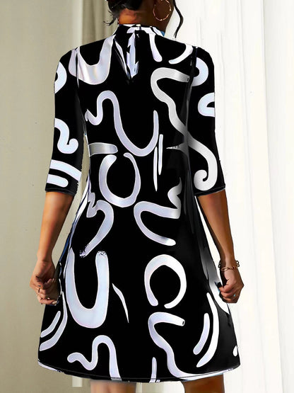 Damen Lässig Locker Sitzendes Stehkragen Kleid | 3/4 Ärmel