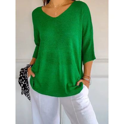 T-shirt décontracté à manches 3/4 et col en V pour femmes
