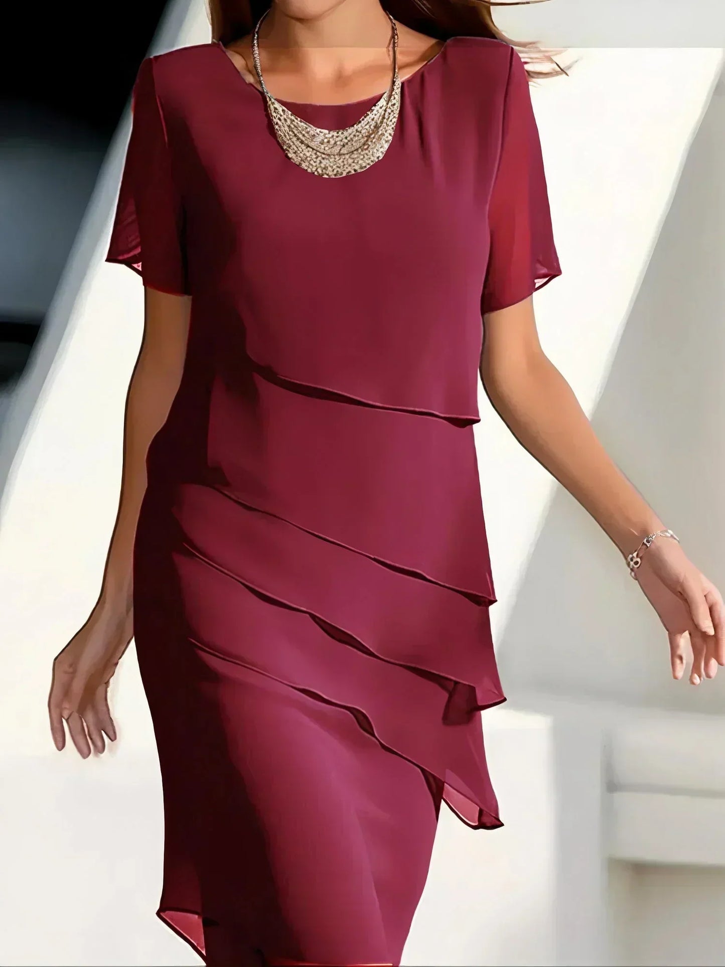 Women's Layered Cocktail Dress with Short Sleeves | Midi