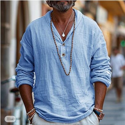 Camicia di lino stile Henley da uomo | Manica lunga