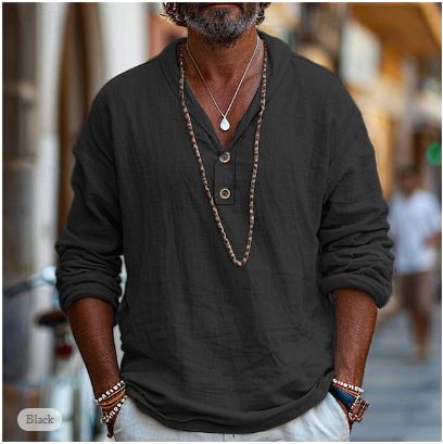 Camicia di lino stile Henley da uomo | Manica lunga