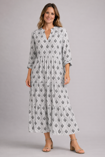 Robe maxi jupe à volants style bohème pour femme | avec col en V