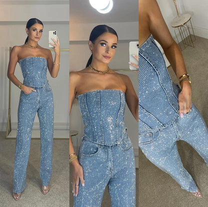 Damen Elegant Top und Hose | Glitzer