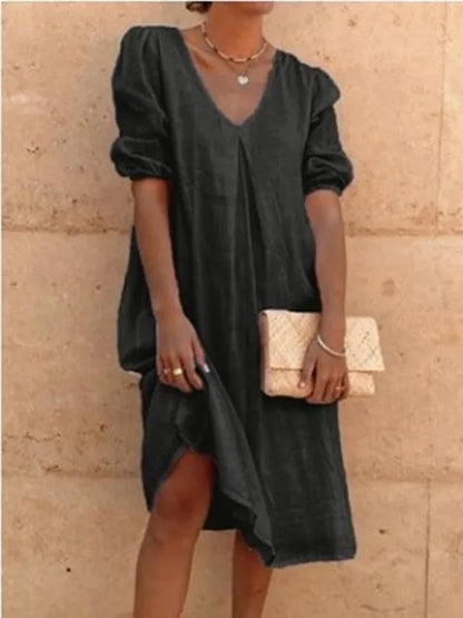 Dames V-Hals Midi Zomerjurk | met Pofmouwen