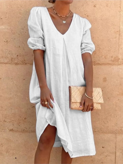Dames V-Hals Midi Zomerjurk | met Pofmouwen