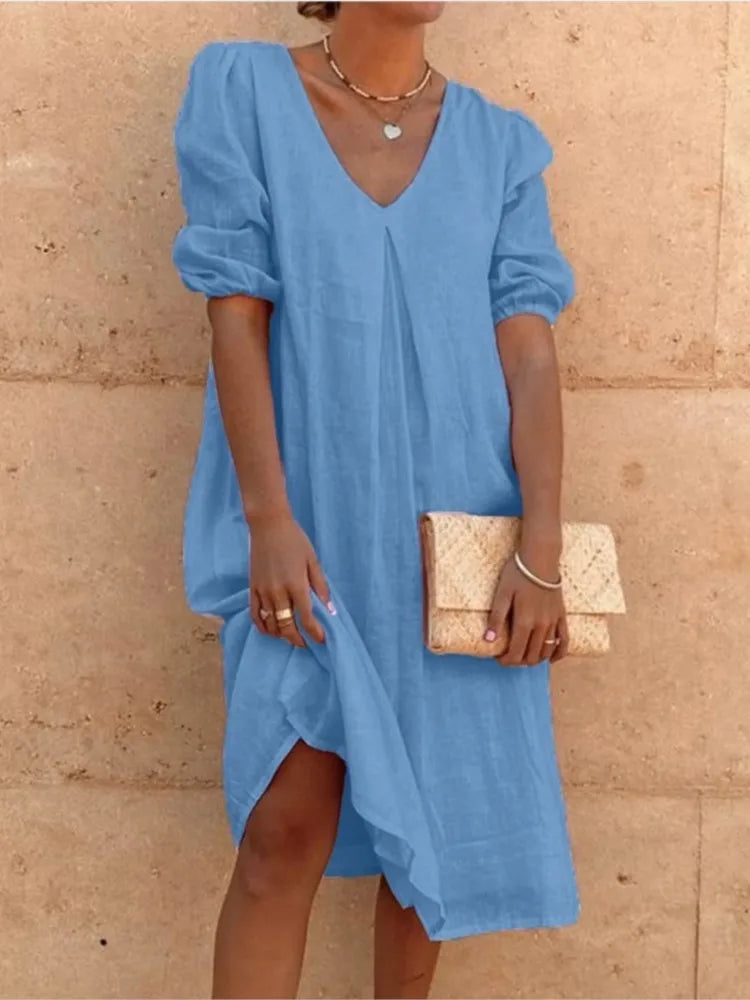 Dames V-Hals Midi Zomerjurk | met Pofmouwen