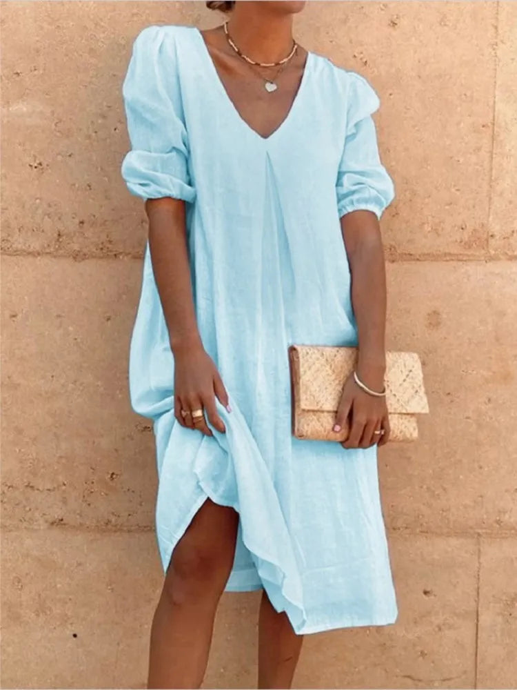 Dames V-Hals Midi Zomerjurk | met Pofmouwen