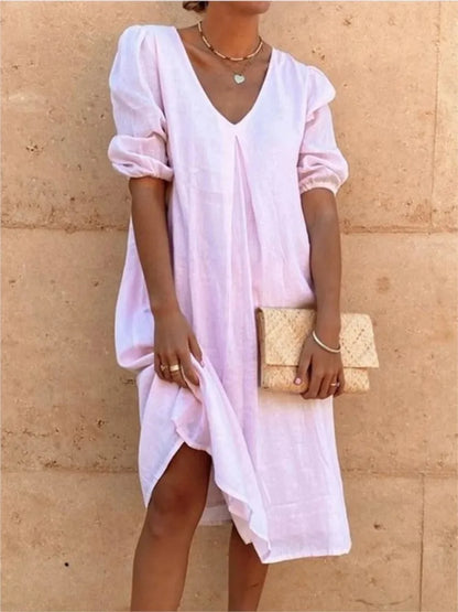 Dames V-Hals Midi Zomerjurk | met Pofmouwen