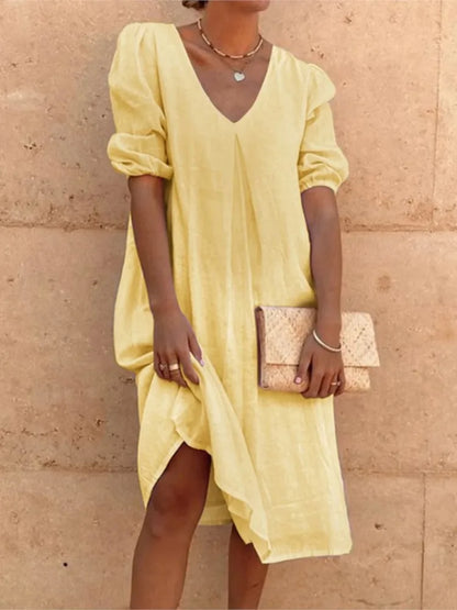 Dames V-Hals Midi Zomerjurk | met Pofmouwen