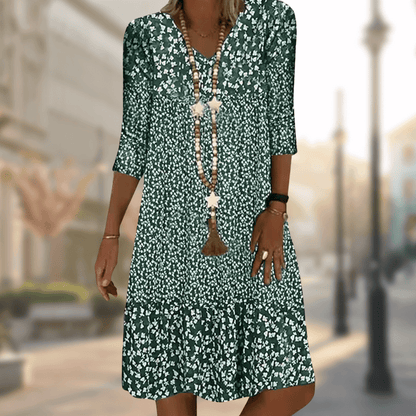 Women's Floral Pattern Boho Midi Dress | 3/4 Sleeves