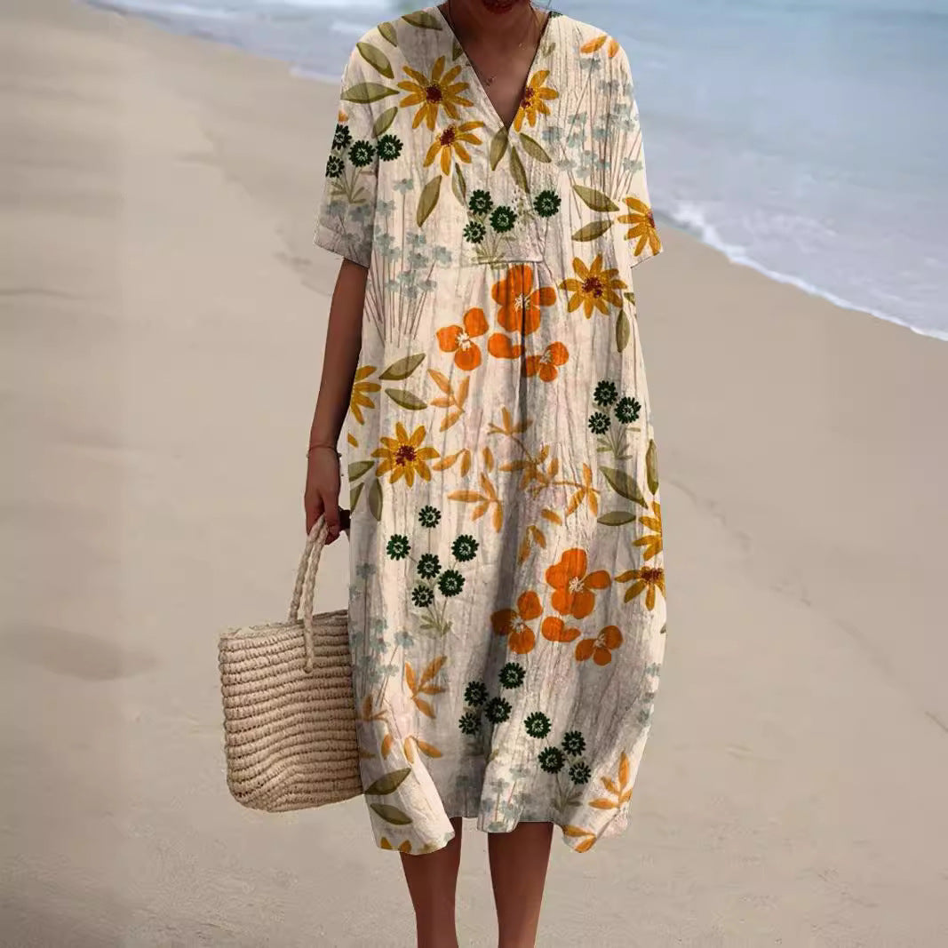 Robe d'été à motif floral et col en V femme | Midi
