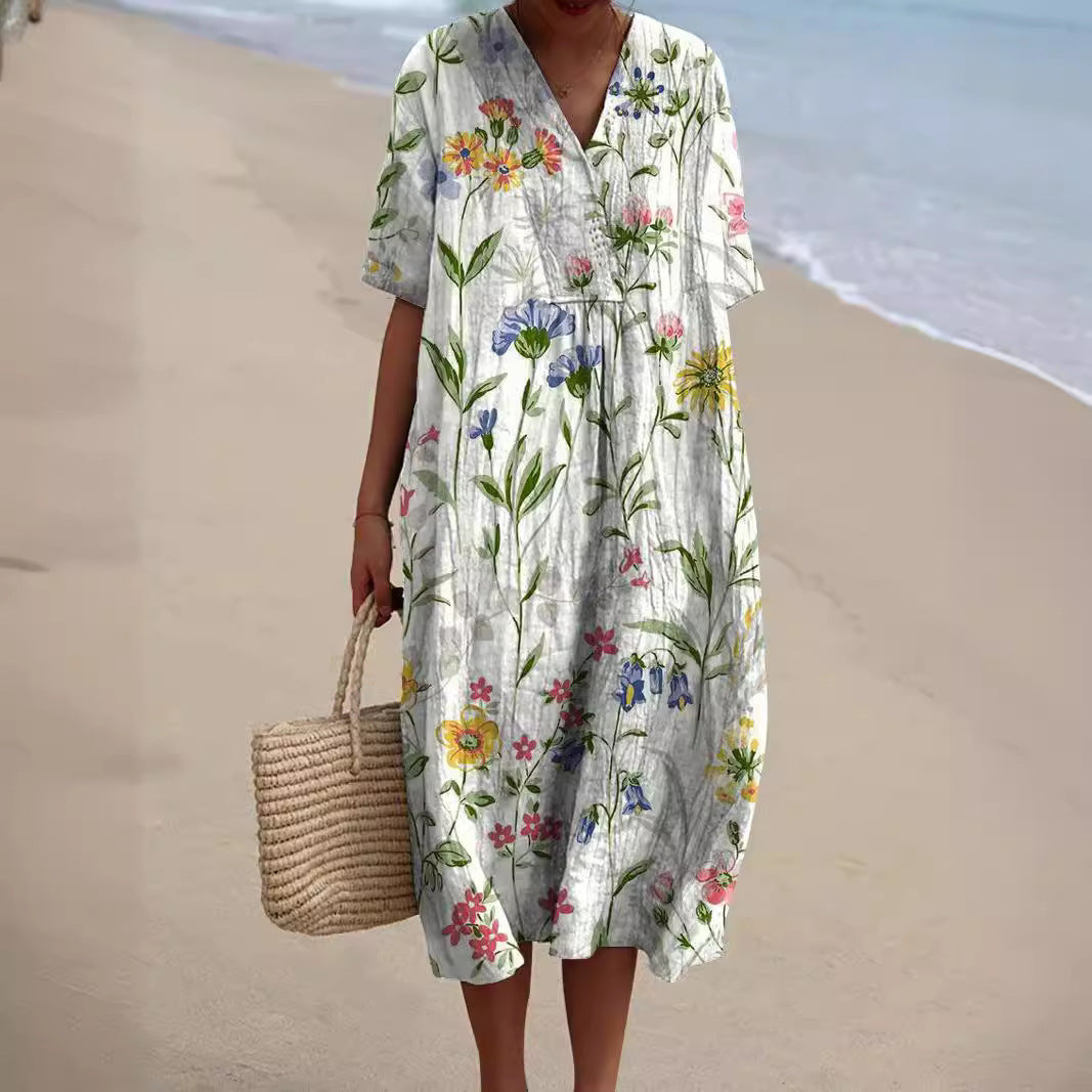 Robe d'été à motif floral et col en V femme | Midi