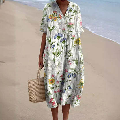 Robe d'été à motif floral et col en V femme | Midi