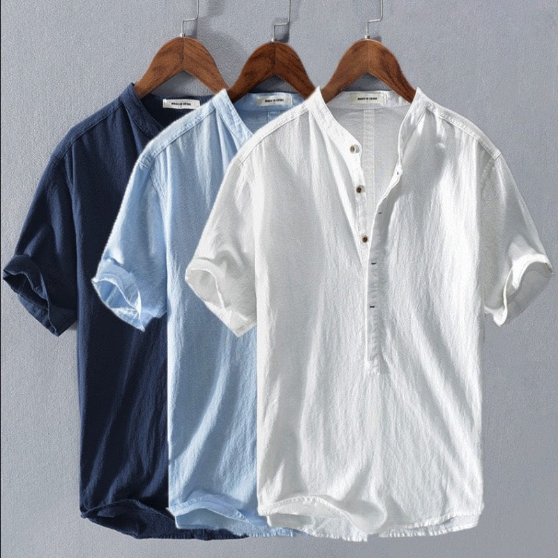 Chemise en lin col mandarin homme | Manches courtes