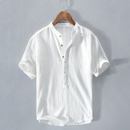 Camicia di lino da uomo con colletto mandarino | Manica corta