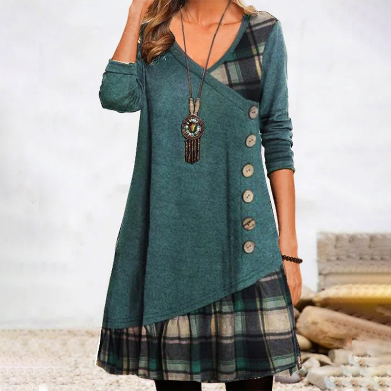 Robe à carreaux manches longues avec boutons femme | midi