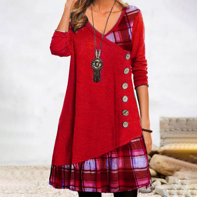 Robe à carreaux manches longues avec boutons femme | midi