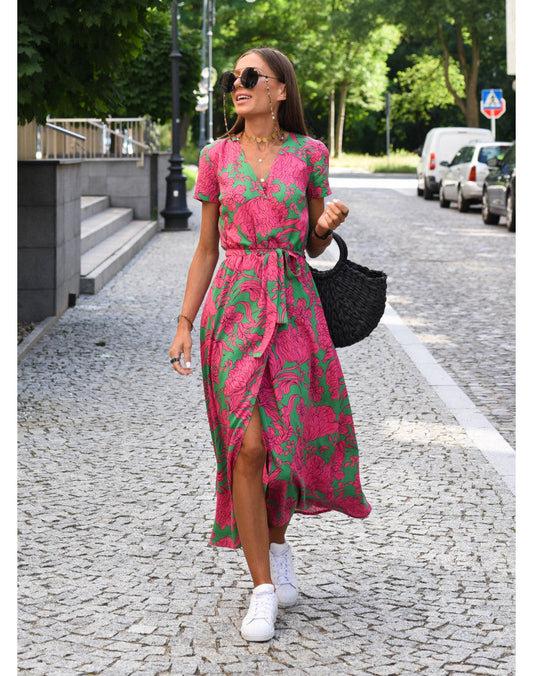 Robe portefeuille à manches courtes et col en V pour femmes | Midi