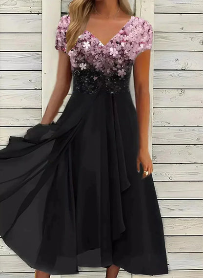 Robe de soirée à manches courtes et col en V pour femmes
