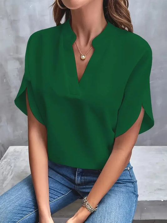 Blouse femme col en V manches courtes | Coupe ample