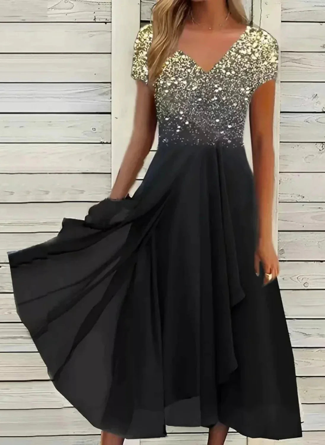Robe de soirée à manches courtes et col en V pour femmes