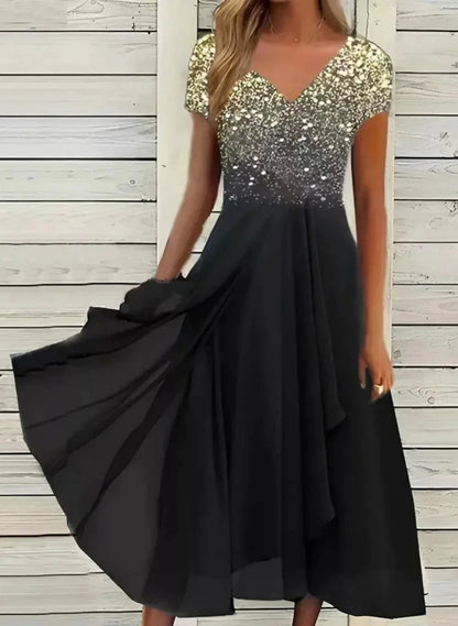 Robe de soirée à manches courtes et col en V pour femmes
