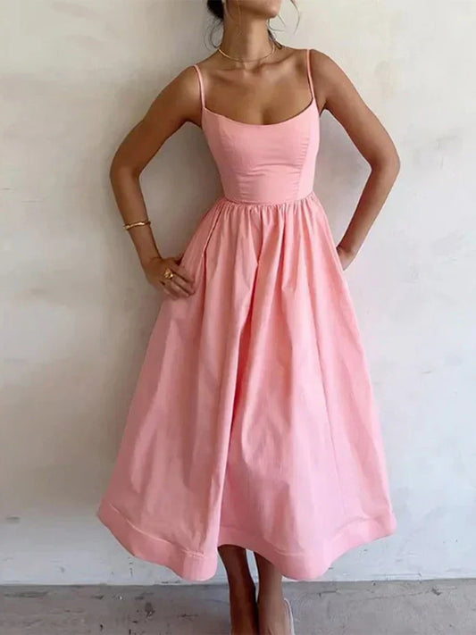 Damen A-Linien Spaghettiträger Kleid | Midi