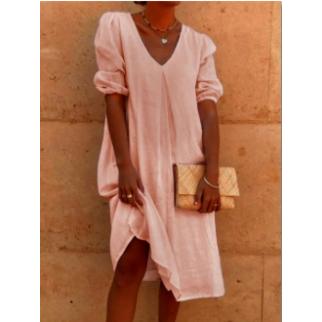 Dames V-Hals Midi Zomerjurk | met Pofmouwen