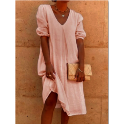 Dames V-Hals Midi Zomerjurk | met Pofmouwen