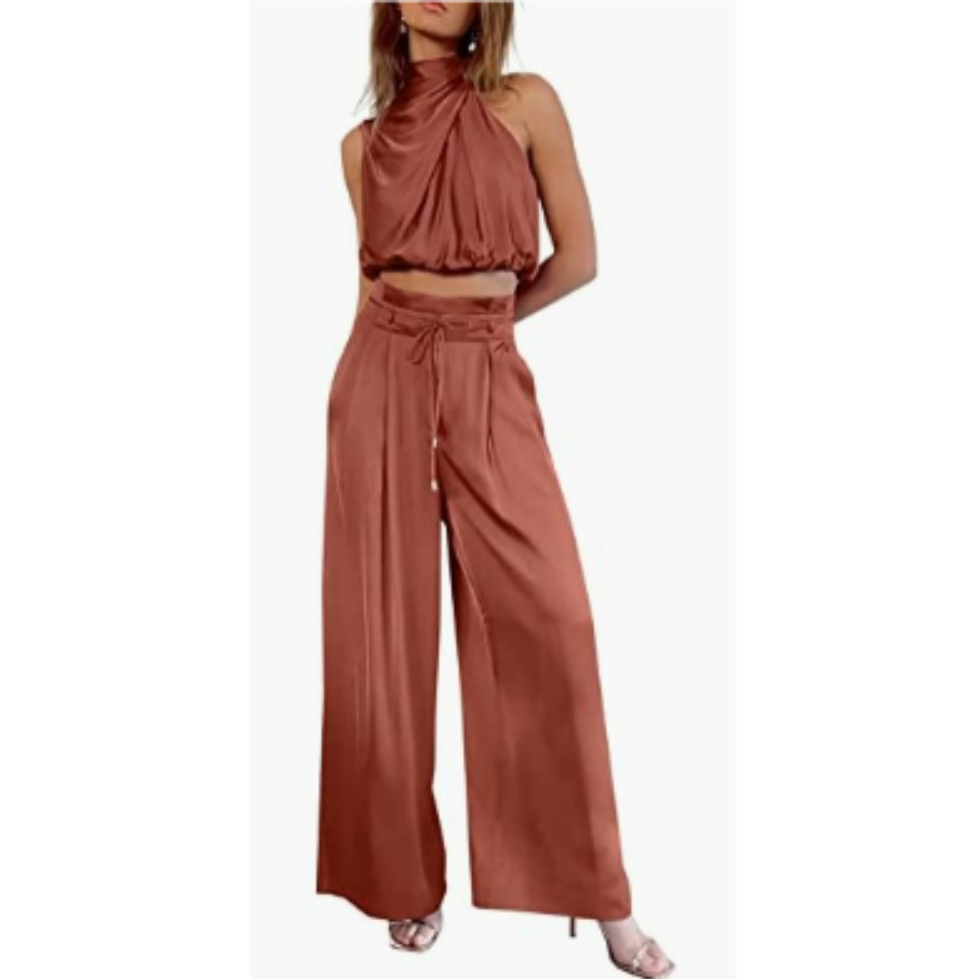 Set due pezzi da donna con top corto halter e pantaloni a gamba larga