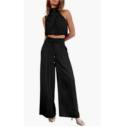 Set due pezzi da donna con top corto halter e pantaloni a gamba larga