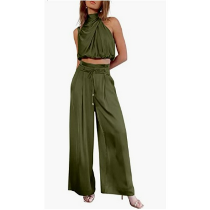 Set due pezzi da donna con top corto halter e pantaloni a gamba larga