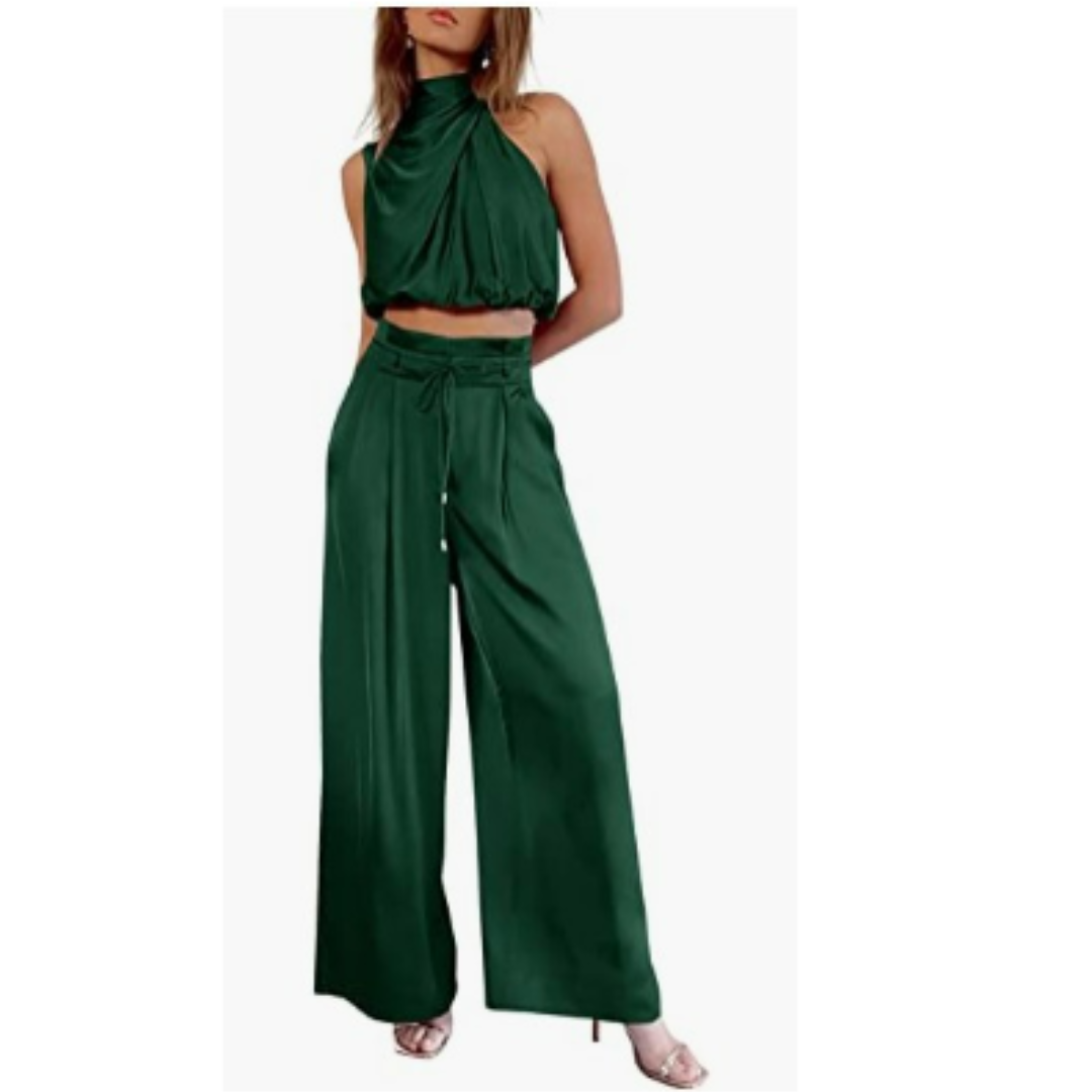 Set due pezzi da donna con top corto halter e pantaloni a gamba larga