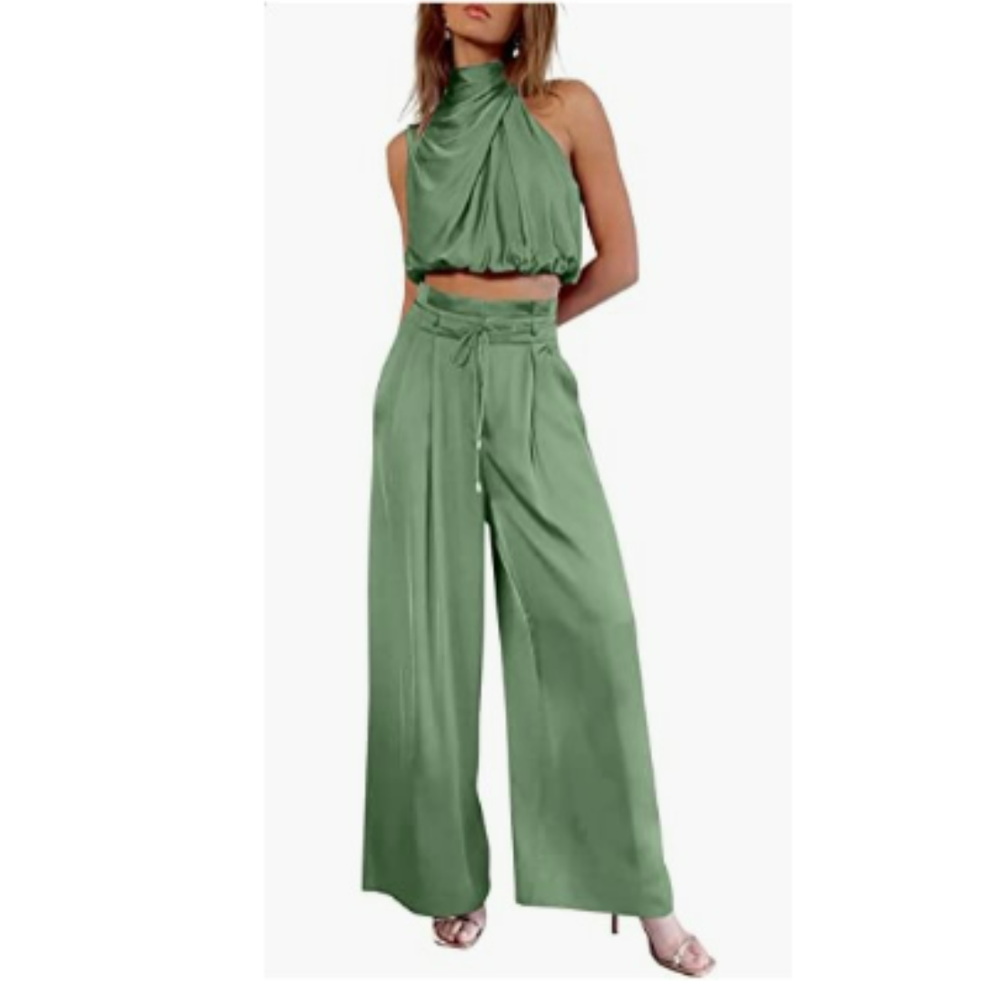 Set due pezzi da donna con top corto halter e pantaloni a gamba larga